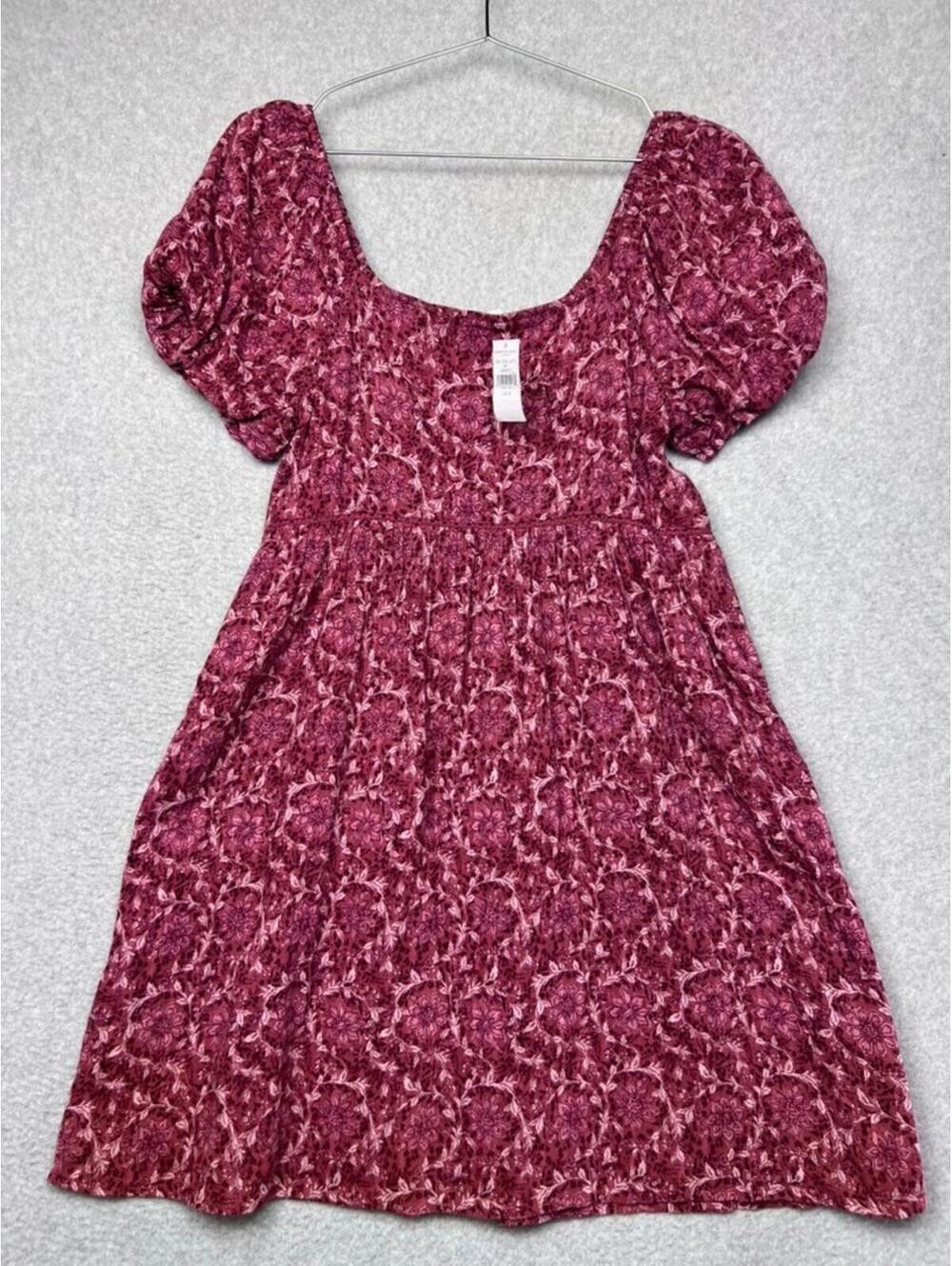 American Eagle Puff Sleeve Babydoll Mini Dress Burgundy Floral Cottagecore Boho